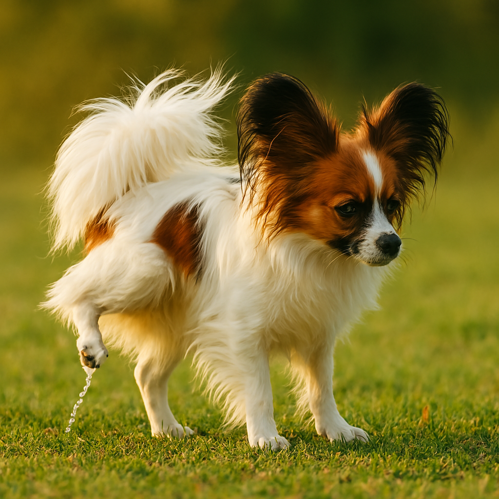 papillon peeing in the yard